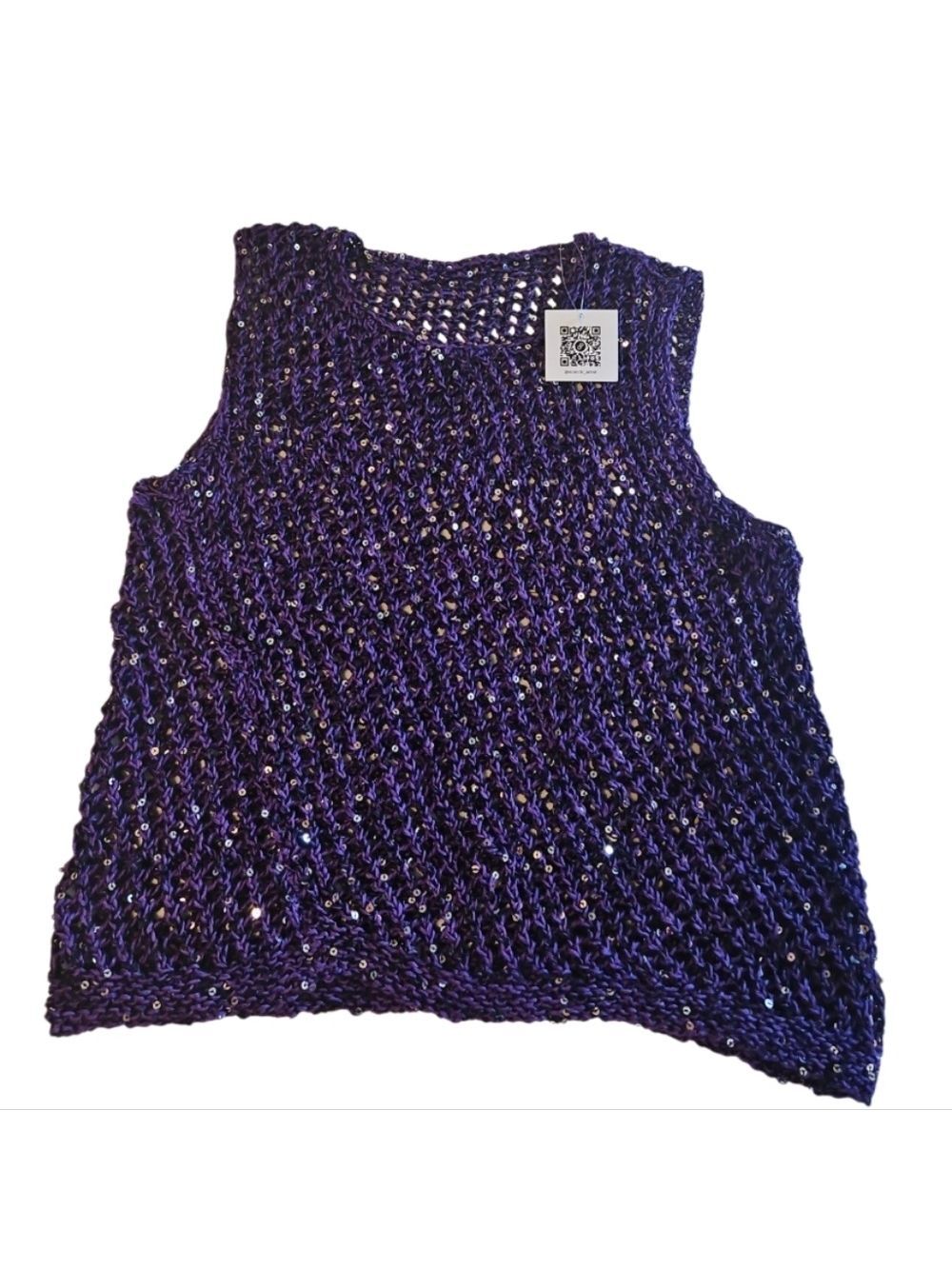 Handmade Crochet Cover-Up Sparkle Mesh Resort Top One Size 20" Asymmetrical Hem - Picture 12 of 15